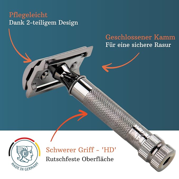MERKUR 34 2-Piece Double-Edge Safety Razor for Men in Metallic Grey Finish with Standard Handle and Closed Comb — Made in Germany, Plastic-Free