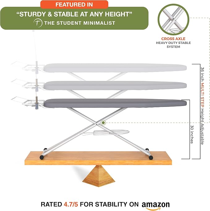 Ironing Board 57" x 15" Foldable with Wall Hanger | Height adjustable 30" - 36", full-metal frame, scorch & heat-resistant cover, iron rest, anti-slip feet, Cord Holder