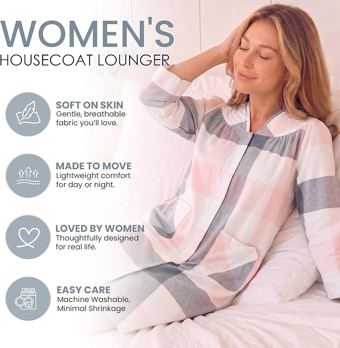Casual Nights Women's Floral Snap Front Flannel Duster Long Sleeve Lounger Dress