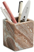 Natural Marble Pen Holder, 2.95” x 3.74” Square Desk Organizer, Marble Toothbrush Holder, Makeup Brush Holder, Decorative Storage Cup for Office Vanity Bathroom Kitchen Countertop, Brown