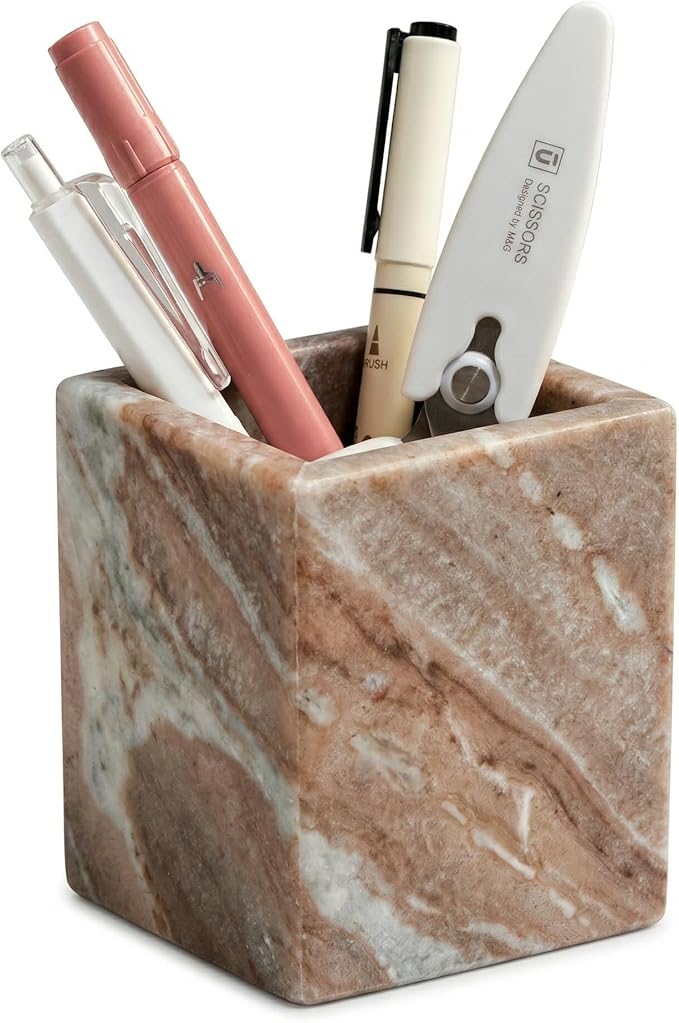 Natural Marble Pen Holder, 2.95” x 3.74” Square Desk Organizer, Marble Toothbrush Holder, Makeup Brush Holder, Decorative Storage Cup for Office Vanity Bathroom Kitchen Countertop, Brown