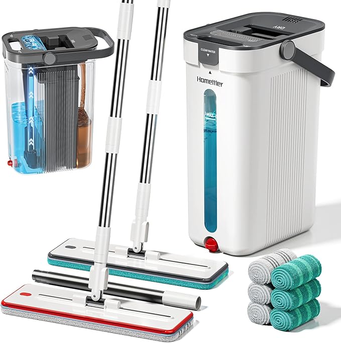 HoMettler Dual Mop and Bucket Set, Flat Mop and Bucket System with Separate Dirty and Clean Water, 3-Compartment Wall Cleaner Mop, Flat Mops for Floor Cleaning with 6 Microfiber Pads