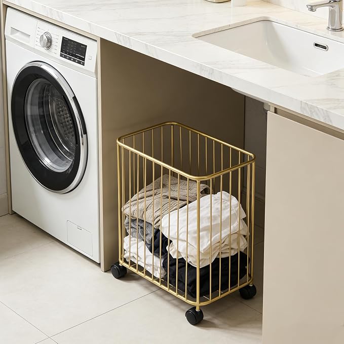 Gold Laundry Basket, Metal Laundry Hamper with Wheels, Rolling Storage Cart, Large Capacity Clothes Organizer, 77Lbs Load, Modern Hollow Design for Bedroom, Bathroom, 15.7x9.8x15.7In