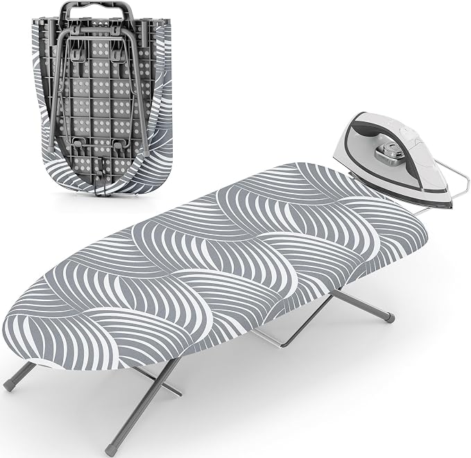 KINGBOARD Tabletop Ironing Board, Small Ironing Boards with Iron Rest, Folding Iron Board, Extra Thick Cover, Portable Tabletop Ironing Board with Non-Slip Feet, 30x12 Grey and White