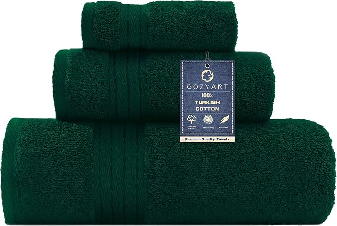 COZYART Luxury Bath Towel Set 3 PCS, Dark Green 100% Turkish Cotton 650 GSM | OEKO-Tex 100 Certified Zero Twist Ring Spun, Soft Absorbent Quick Dry, Plush Fluffy, Breathable Hotel Quality for Daily Use