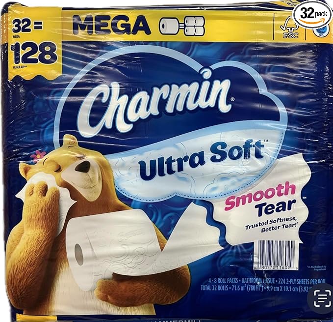 Charmin Ultra Soft Smooth Tear Toilet Paper, 32 Mega Rolls, 128 Regular Rolls