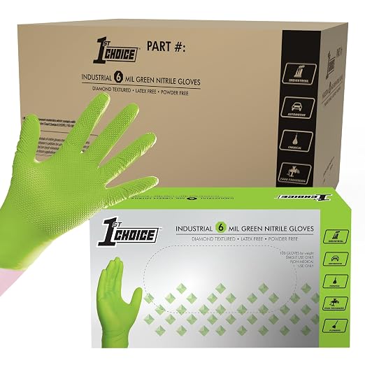 1st Choice Green 6 mil Nitrile Disposable Gloves Diamond Grip XL 1000 | Bulk Purchasing Options, Medium Duty Gloves for Mechanics, Business, and Household Tasks, Food Safe and Chemical Resistant