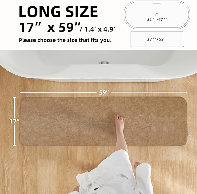 TYUU Bathroom Mat Quick Dry, Bathroom Rugs Non Slip Washable Thin Absorbent Bath Mat Fits Under Door Bathroom Floor Mat Perfect for Bath, Shower, or Sink 17"x59" Camel