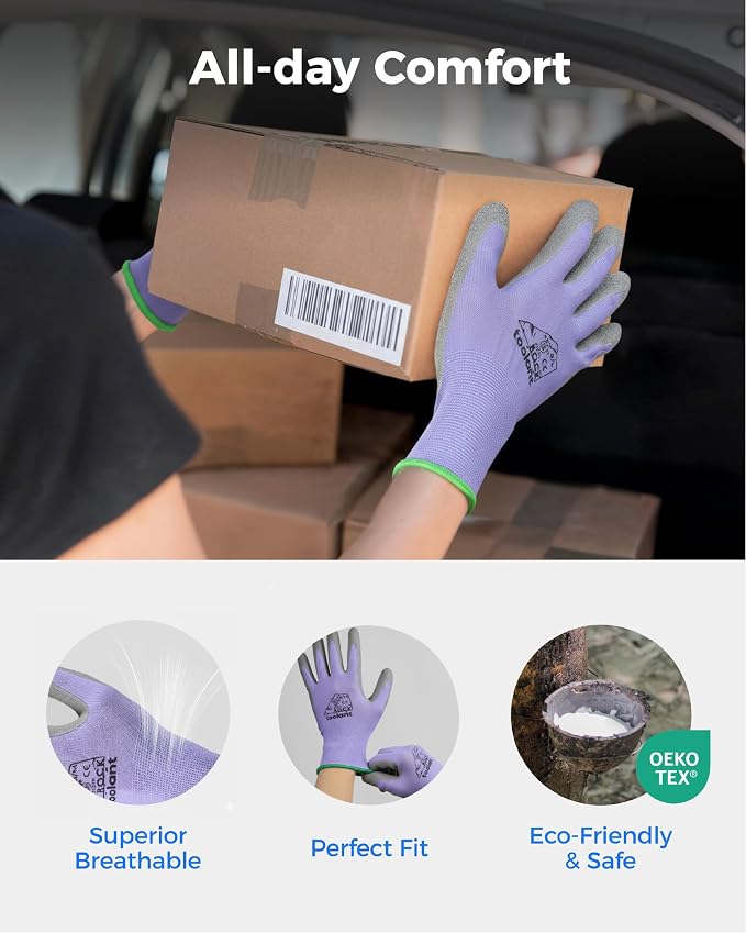 toolant Crinkle Latex Work Gloves Bulk, Rubber Coated Safety Work Gloves for Men and Women, 12 Pairs for Construction, Gardening, Warehouse (Purple & Yellow, Large)