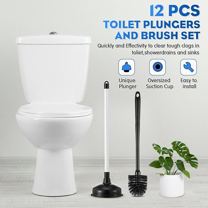 Sawysine 12 Pcs Commercial Toilet Plunger and Brush Set 6 Pack 18" Rubber Plunger with Double Thrust Force Suction Cup Handle and 6 Pack 16.54" Toilet Bowl Brush Bulk for Store Restaurant (Plastic)