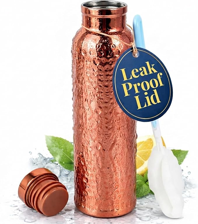 Four Flowers Copper Water Bottle 650ml with Cleaning Brush – Copper Coated Exterior & Stainless Steel Interior – Leak Proof Wide Mouth Metal Bottle for Travel, Gym, Office & Daily Hydration