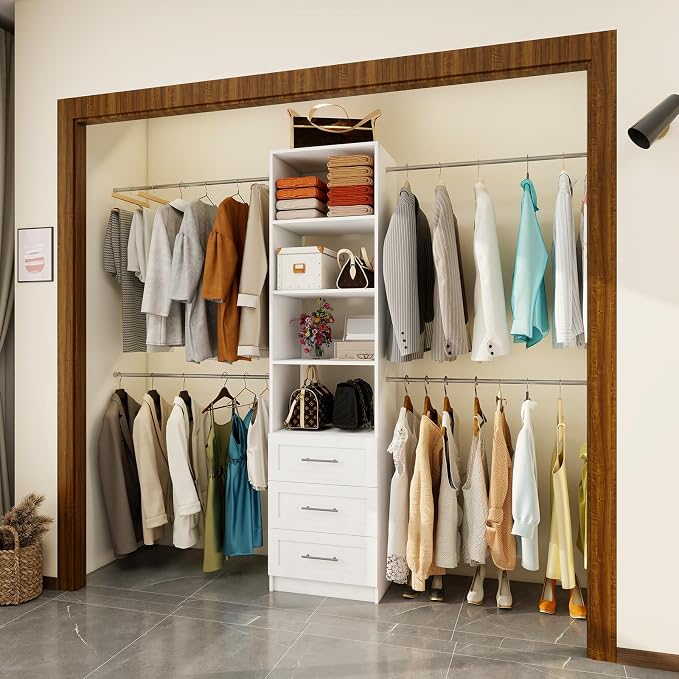 Closet System, 5FT-8FT Closet Organizer System with 3 Wooden Drawers, 99" Walk In Closet Organizer and Storage with 4 Expandable Hanging Rods, Wall Mount, White