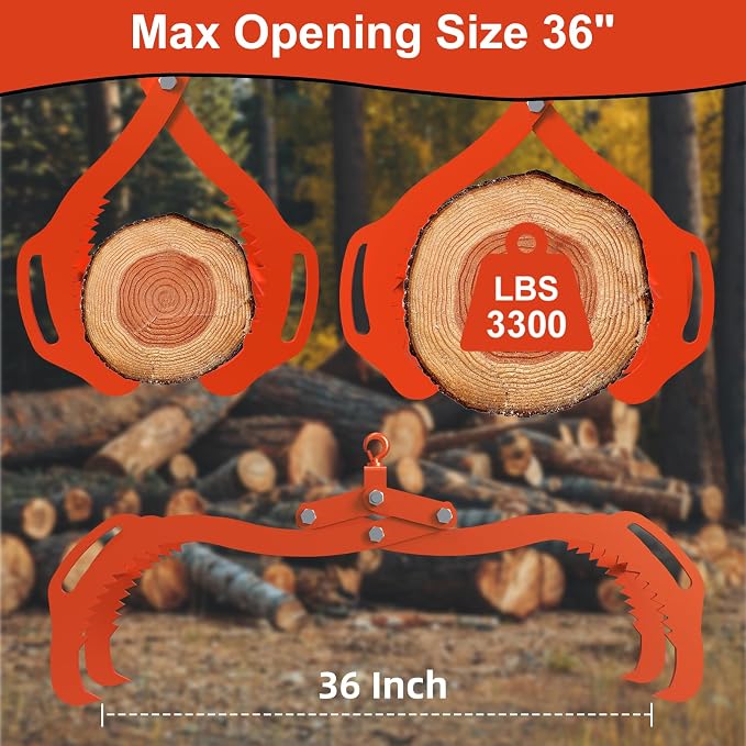 Log Lifting Tongs 36 Inch - 3300LBS Load Capacity Heavy Duty Log Grapple with 4 Serrated Claw Hooks & Handles, Logging Tongs for Tractors, Trucks, Forklifts, Orange