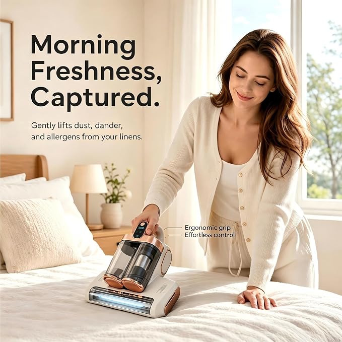 Cordless Mattress Vacuum, Rechargeable Handheld Dust Remover | Strong suction for bed, carpet, sofa, car. Portable for home & dormitory. Rechargeable battery. Lightweight. White.