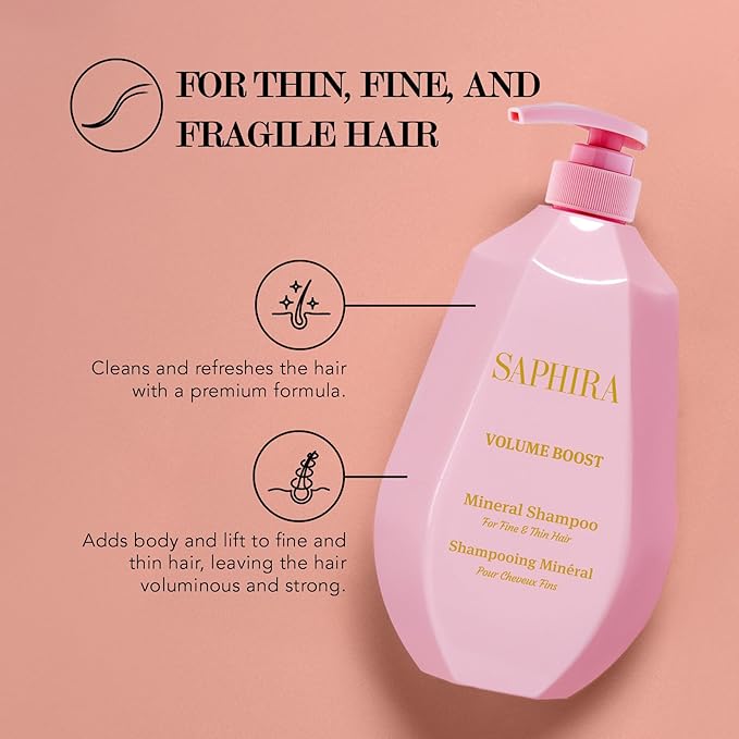Saphira Volume Boost Shampoo with Dead Sea Minerals – Volumizing Shampoo for Fine & Thin Hair – Lightweight Body & Lift – Sulfate Free Professional Hair Care 34oz / 1000ml