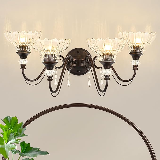 Vintage Bathroom Vanity Light, 4-Light Oil Rubbed Bronze Finish Wall Sconce with Hanging Crystal Accents and Flower-Shaped Clear Glass Shades, Retro Wall Mount Vanity Light Over Mirror for Bathroom