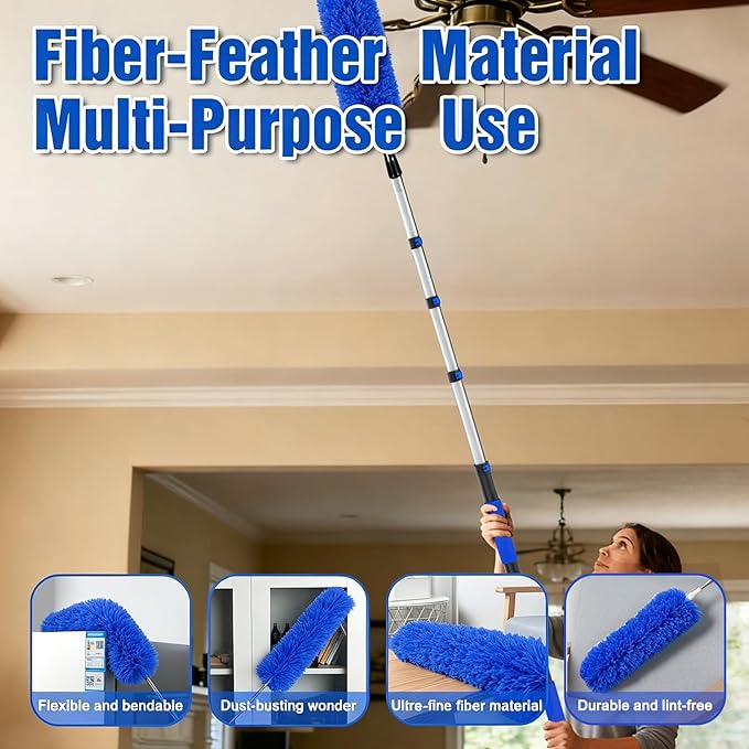 26FT Reach Duster Kit, Window Cleaning with 5-20FT Telescoping Extension Pole, High Ceiling Duster, Microfiber Feather Duster, Cobweb Duster, Window Squeegee, Feather Duster, Extendable Pole Kit