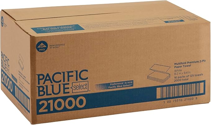 Pacific Blue Select by Georgia-Pacific PRO Multifold Premium 2-Ply Paper Towels, White, 3.2” Folded Width, 125 Towels Per Pack, 16 Packs Per Case, 21000 | 2-Ply Multi-Fold
