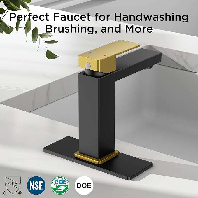 FORIOUS Single Handle Bathroom Faucets Black and Gold, 1or 3 Hole Bathroom Sink Faucet with Pop-up Drain