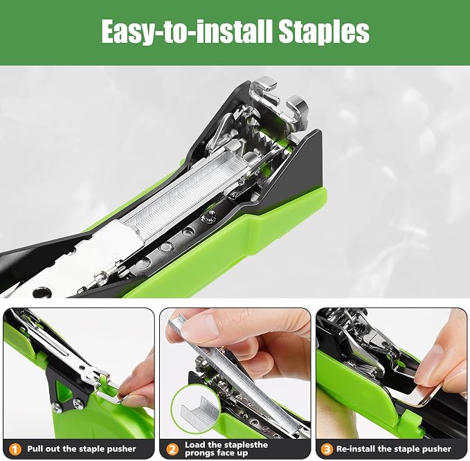 Upgraded Plant Tying Machine Gun, Lightweight Garden Tapener Tool with SK5 Blade for Tomatoes Grapes Cucumbers Vegetables, Includes 12 Rolls Tapes and 1 Box 10000pcs Staples（Green