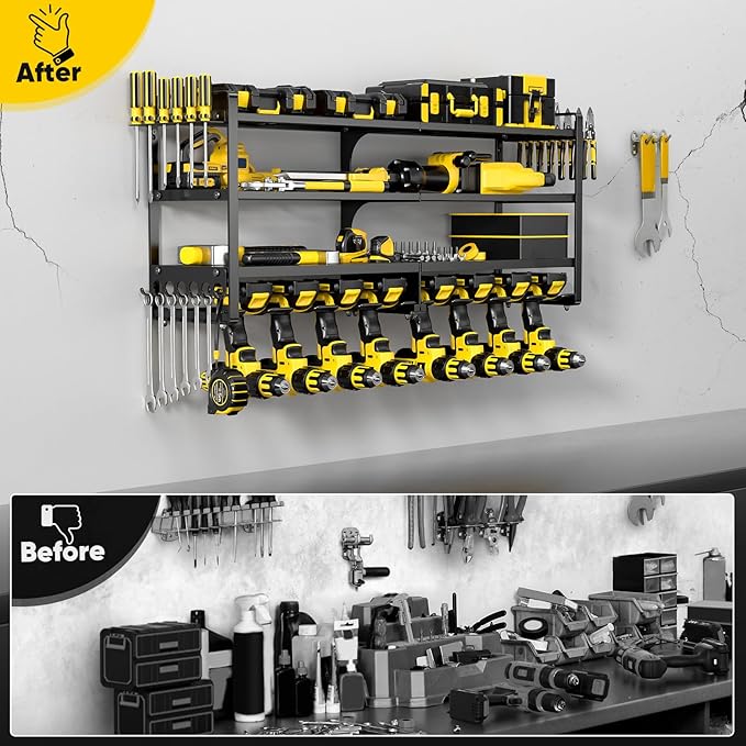 POKIPO Large Power Tool Organizer Wall Mount,4 Layers Heavy Duty Metal Loads 400lbs,Power Tool Shelf Battery Storage with 8 Cordless Drill Holder,Utility Racks for Garage Workshop