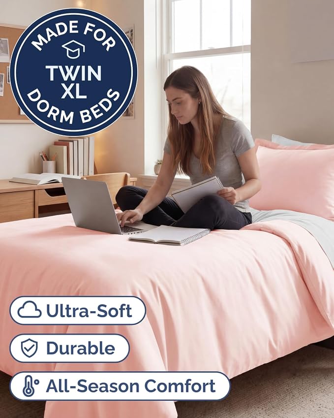 Duvet Cover Twin/Twin XL Size Set - Extra Soft Twin/Twin XL Duvet Cover 68" x 90" with 1 Pillow Sham for Women, Men, Kids & Teens - Comfy, Easy-Care & Fade Free w/ Zipper Closures & Ties (Baby Pink)