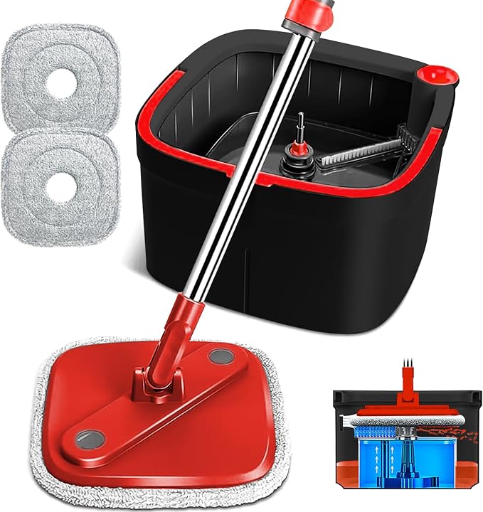Spin Mop and Bucket with M16 Self Separation Dirty and Clean Water System with 2pads, Self Wringing 360° Rotating Clean Mop-Head and Bucket Set for Hardwood Tile Marble Floor-(Black+Red)