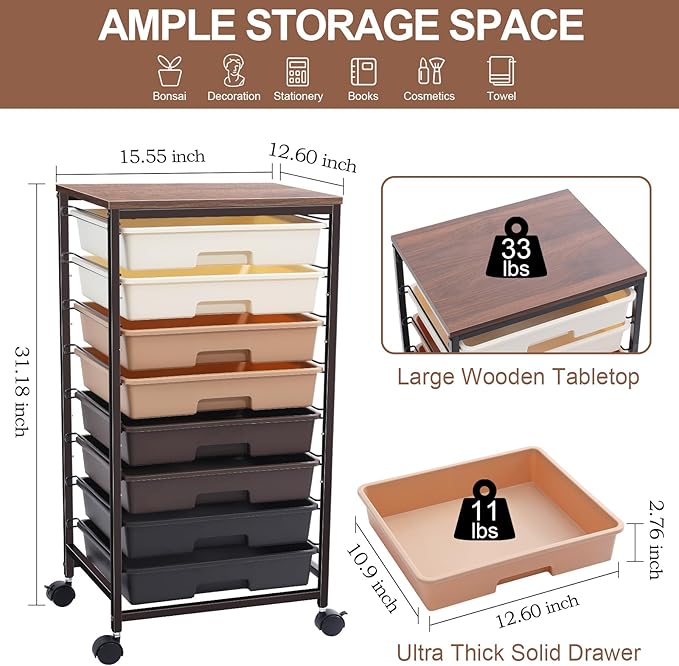 SYKIARIOL Rolling Storage Cart with Drawers, Rolling Drawer Cart and Wooden Tabletop,Storage Drawer Cart for Living Room,Classroom,Bedroom,Bathroom,Dorm,Office,Brown Gradient
