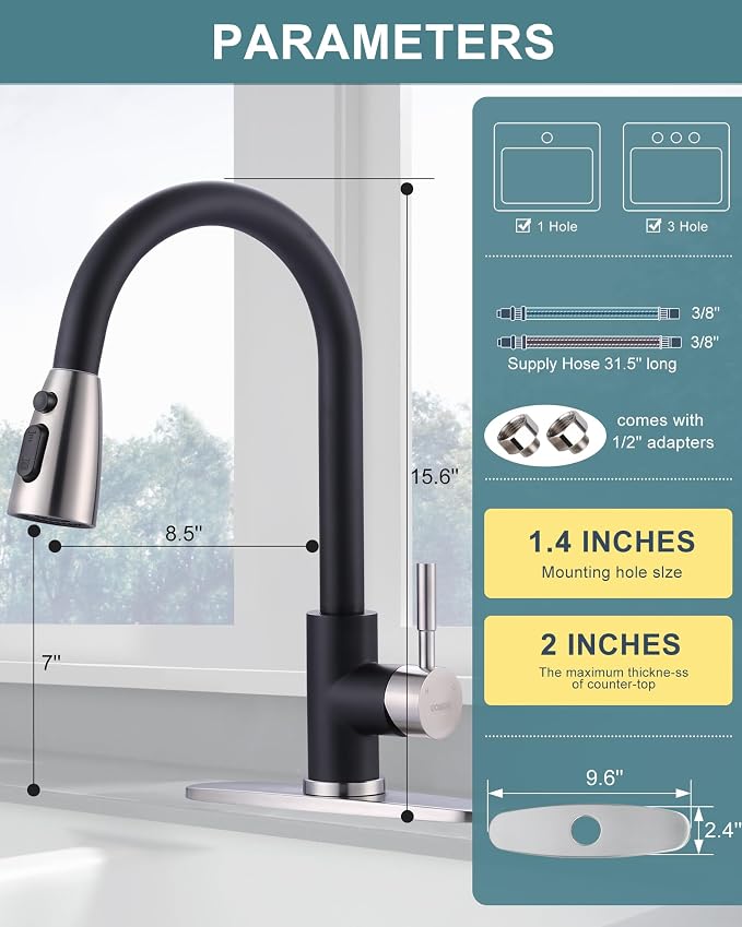 WOWOW Kitchen Faucets for Sink 1 or 3 Hole, High Arc Stainless Steel Kitchen Sink Faucet with Sprayer, Brushed Nickel and Black Faucet for Kitchen RV Laundry Sinks