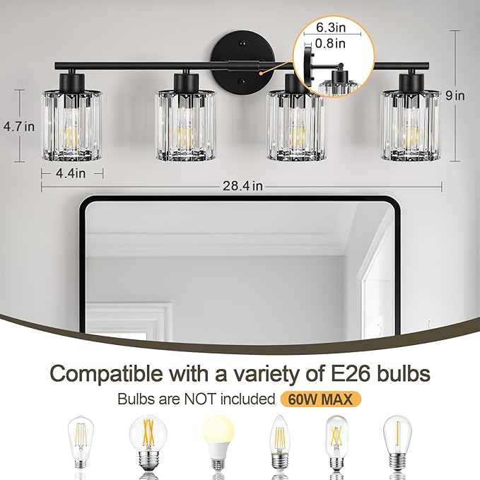 Crystal Bathroom Light Fixtures, Bathroom Lighting Fixtures Over Mirror, Modern Black 4-Light Vanity Lights for Mirror, Restroom, Bedroom (Ceramic E26 Socket,Bulbs Not Include)