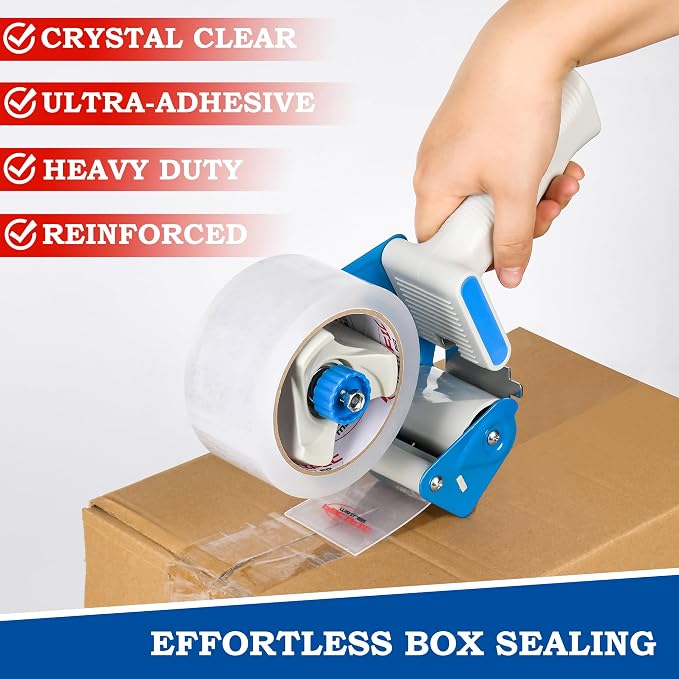 Pacific Mailer 2 Inch Tape Gun Dispenser with 2 Inch Carton Packing Tape, Lightweight Industrial Side Loading Tape Dispenser - Blue