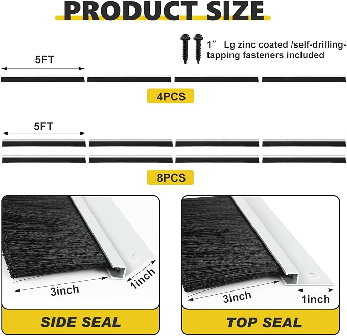 DoubleFill 2 Pack 10 x 10 ft Garage Door Brush Seal Kit, 3 Inch Roll up Door Seal with Aluminum Track, Heavy Duty Nylon Brush for Commercial Doors, Warehouse Barn, Energy Saving, Pest Proof, Black