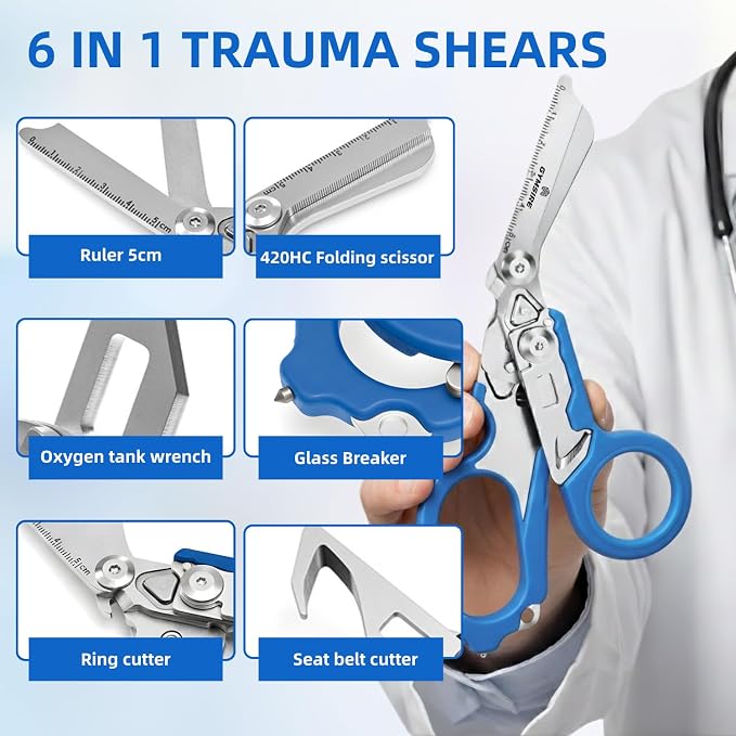 Heavy Duty 6 in 1 Multifunctional Trauma Shears Foldable | Stainless Steel emergency response scissors | Survival Shears with Holster | Medical Trauma shears Tactical With Strap Cutter | Blue