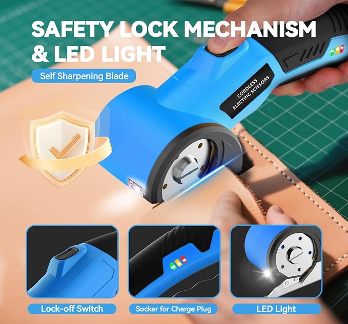 Cordless Electric Scissors,4V Rechargeable Cardboard Cutter Heavy Duty Scissor with Safety Lock & LED Light for Box Carpet Plastic Fabric(Blue)