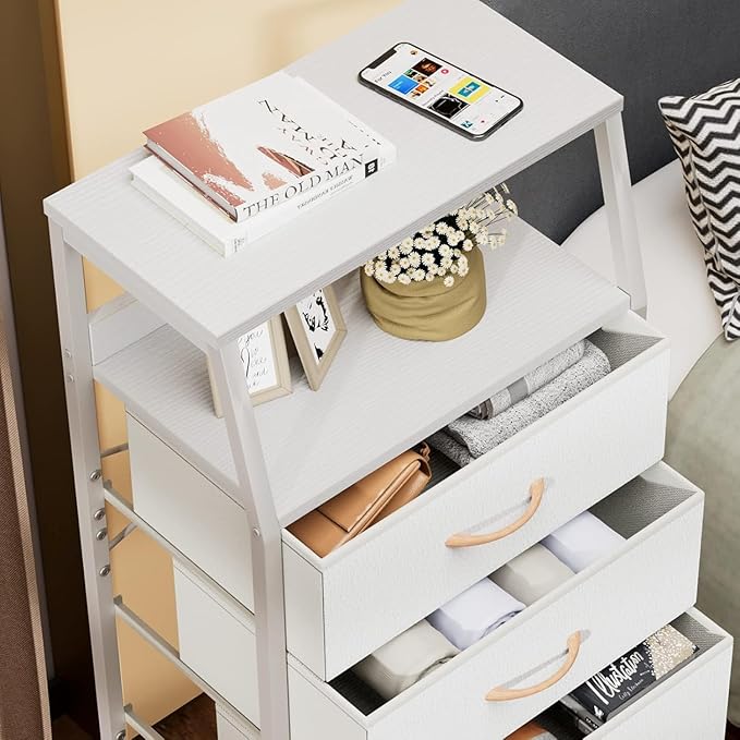Furnulem Tall 4 Drawers Dresser, Vertical Storage Tower for Bedroom, Hallway, Entryway, Nursery, Closet Organizer, Nightstand Bedside Table Furniture, Sturdy Steel Frame, Wood Top, White