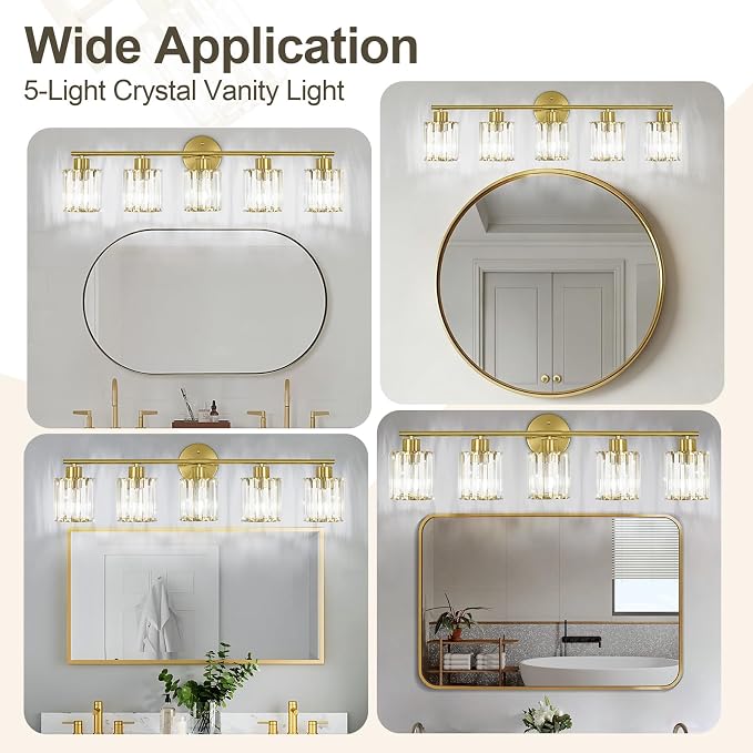 Crystal Bathroom Light Fixtures,Bathroom Lighting Fixtures Over Mirror, Modern 5-Light Gold Vanity Lights for Mirror, Restroom,Kitchen(Ceramic E26 Socket,Bulbs Not Include)