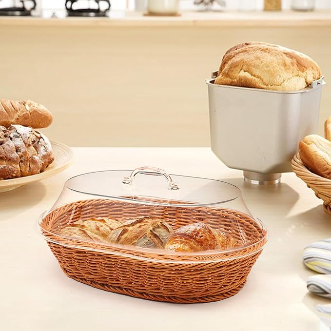 Rattan Bread Baskets, 2 Pack, Oval Woven Baskets with Acrylic Lids, 15.75 x 11.81 inches, Stainless Steel Tongs, Lace Doilies, for Bread, Fruit, Food Display