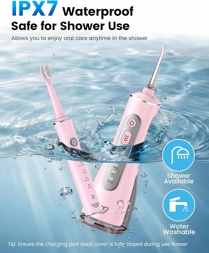 JTF Electric Toothbrush & Water Flosser Combo, 2-1 Portable Oral Clean Kit | Effective Yet Gentle Brushing & Flossing, Multiple Modes for Braces & Sensitive Teeth Care, Cordless for Home Travel, Pink