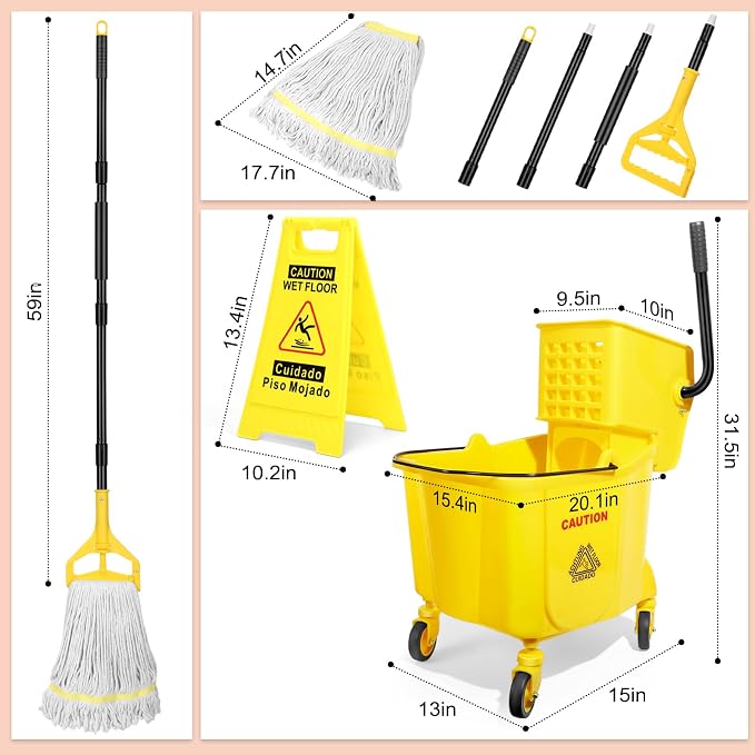 38 Qt Commercial Bucket with Side Press Wringer on Wheels, Yellow Industrial Set for Floor Cleaning, Including 1 Industrial Mop and Wet Floor Caution Sign, Beyoco