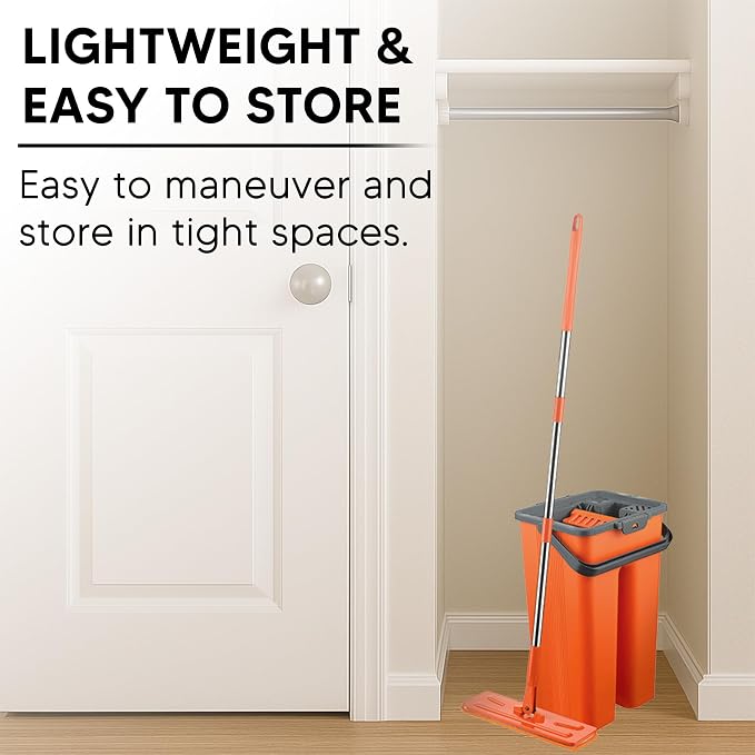 Macromax Flat Mop and Bucket Set with 9 Refills – 100% Microfiber Mop with Dual Wet & Dry Use – Slim Design for Corners & Under Furniture – Easy-Squeeze Bucket for Hardwood, Tile & Laminate Floors