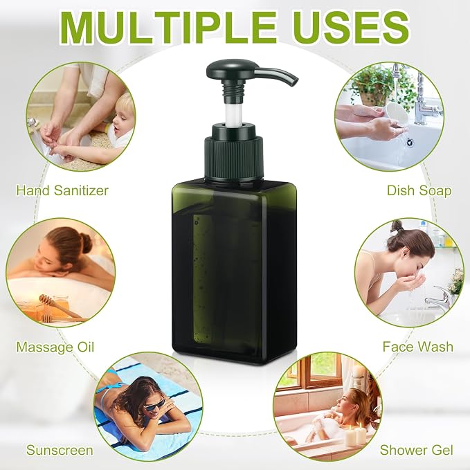 Domensi 12 Pcs 100ml /3.4 oz Pump Bottle Mini Travel Bottles Small Dispenser Containers Plastic Pump Lotion Dispenser Empty Square Travel Size Containers Toiletries (Green,Brown)