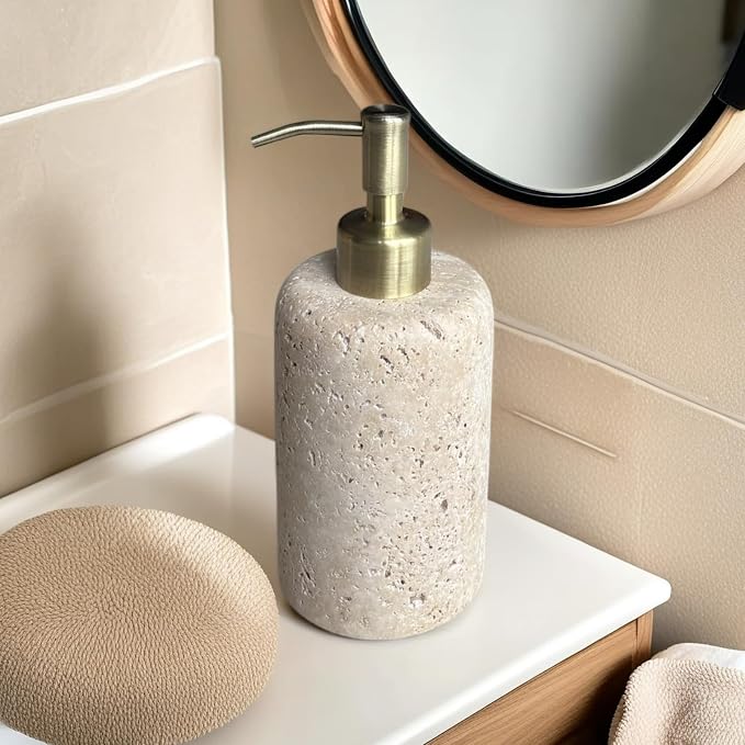Natural Marble Vintage Stone Refillable Bathroom Liquid Dispenser 165ml Lotions Soap Container Stainless Steel Pump Head (Beige Travertine)