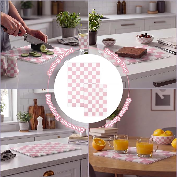 Thenshop Set of 2 Tempered Glass Cutting Boards Pink Check Countertop Cutting Boards Heat Resistant with Non-slip Feet for Kitchen Counter Housewarming Wedding Gift 7.9x11inch+11x15 Inch