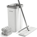 JOYMOOP Flat Mop System, Microfiber Mop and Bucket Set, White, Hands-Free Floor Cleaning System with Wringer, Wet and Dry Use, 60" Handle, Includes 4 Reusable Pads