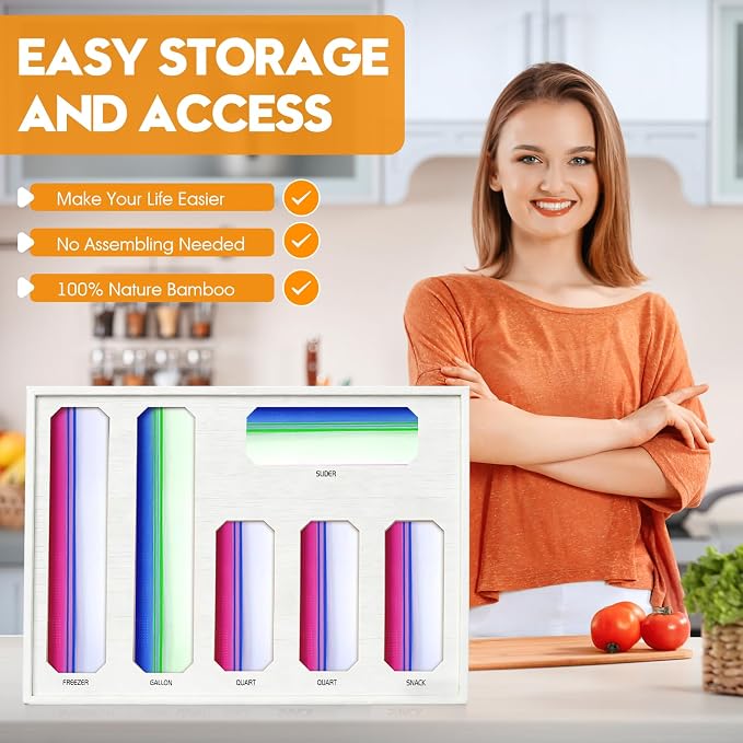 6 in 1 Bamboo Ziploc Bag Storage Organizer, White Baggie Organizer for Drawer with Sliding Lid - Fits Gallon, Quart, Sandwich, Snack & Freezer Bags, Wall Mountable Kitchen Drawer Organization