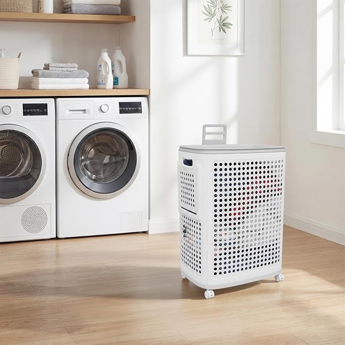 70L Laundry Basket with Wheels, Rolling Laundry Hamper with Lid and Handles, Plastic Rattan Clothes Organizer, Dirty Clothes Basket for Laundry Room, Bedroom, Dormitory Storage