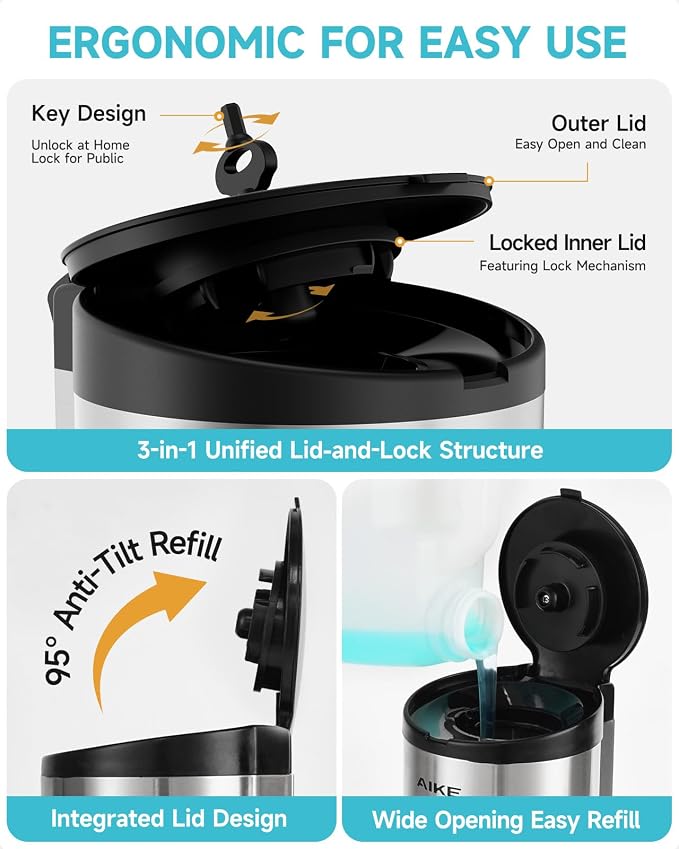 AIKE Automatic Liquid Soap Dispenser,25oz Capacity for Bathroom,Brushed | No-Drill and Screw Wall Mount Install Design for Space-Saving,4*AA batteries(Not Included) Ensure Long Standby,Model AK1205E