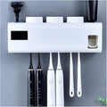 Toothbrush Rack Wall-Mounted Smart Toothbrush Holder No Punch Storage Rack 6 Toothbrush Slots, with Toothpaste Dispenser and Mouthwash Cup Bathroom Toothbrush Holder(A)