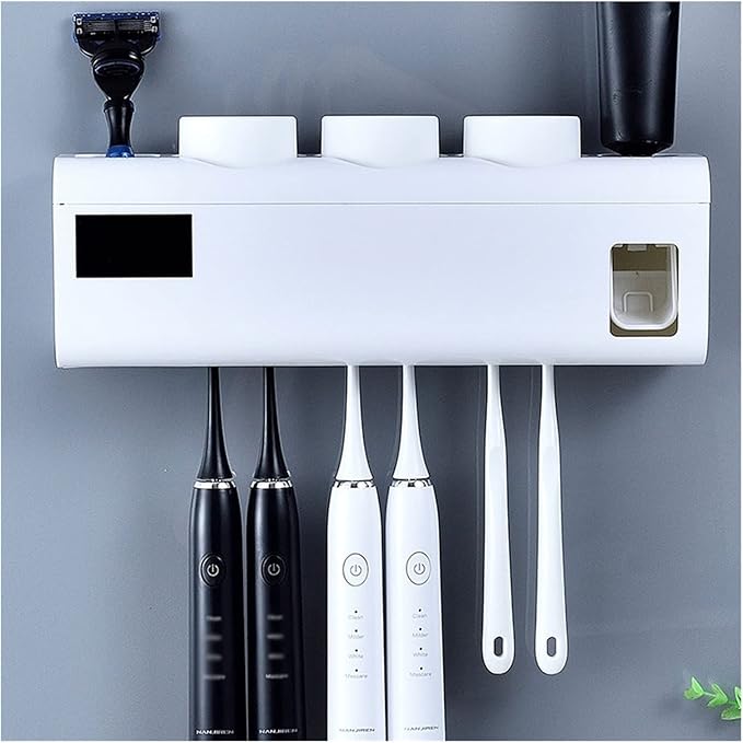 Toothbrush Rack Wall-Mounted Smart Toothbrush Holder No Punch Storage Rack 6 Toothbrush Slots, with Toothpaste Dispenser and Mouthwash Cup Bathroom Toothbrush Holder(B)