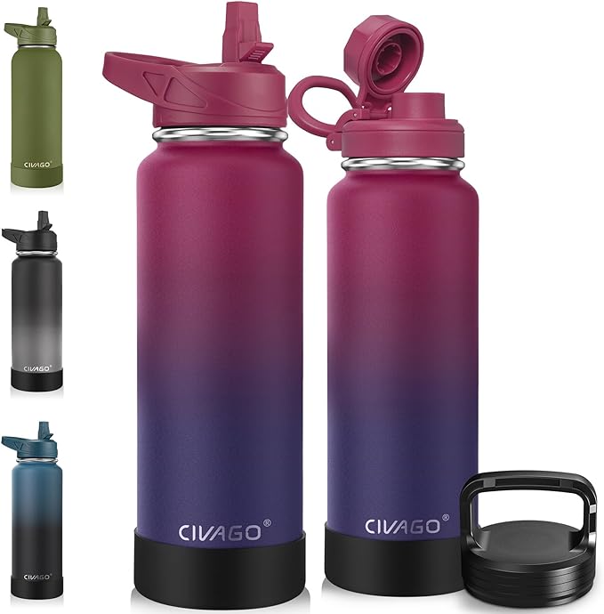 CIVAGO 40 oz Insulated Water Bottle With Straw, Stainless Steel Sports Water Flask Cup with 3 Lids (Straw, Portable Spout and Handle Lid), Double Walled Travel Thermal Canteen Mug, Dark Rainbow